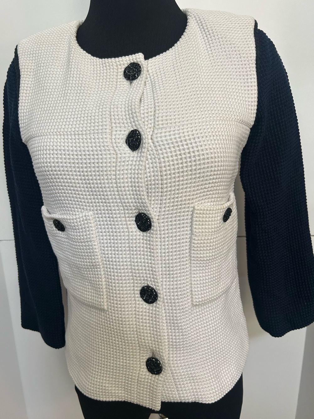 CHANEL Two-Tone Waffle Knit Button Jacket - White Navy Black